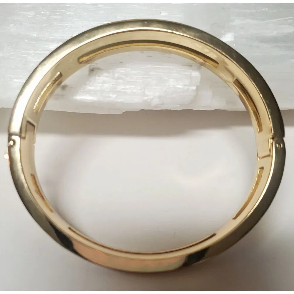 J. Crew Bracelet Hinged with Lock Navy Blue Enamel Gold Pierced Panels Bordered - Picture 5 of 12